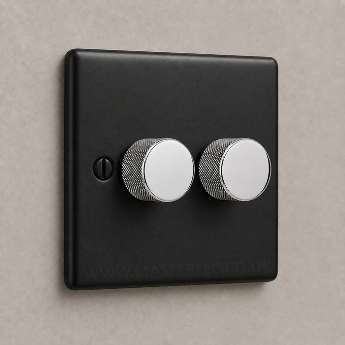 Matt Black 2 Gang Knurled Dimmer Switch with Polished Chrome Dimmer Knob