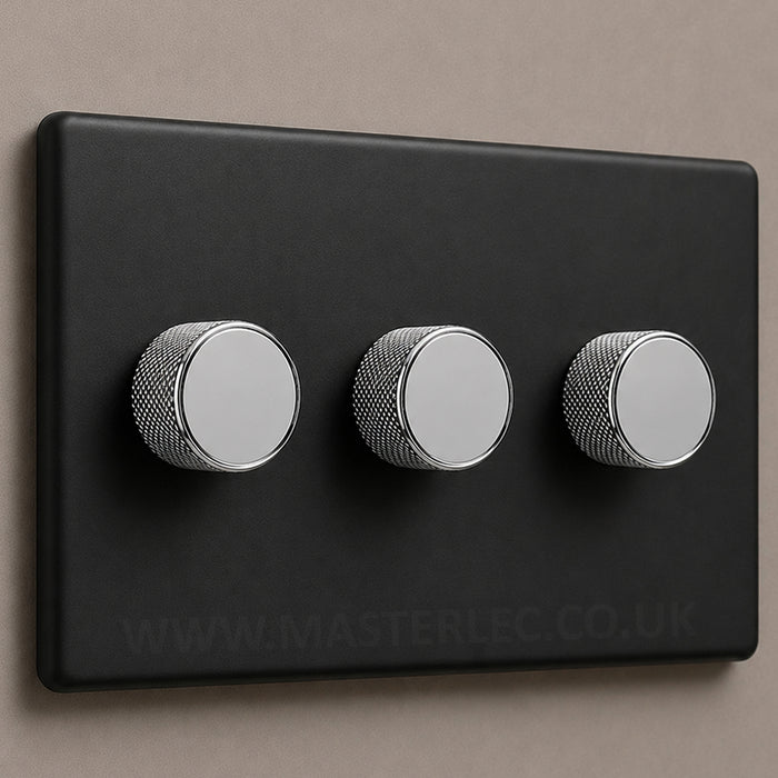 Matt Black Screwless Triple 3 Gang Dimmer Switch with Polished Chrome Knurled Dimmer Knob