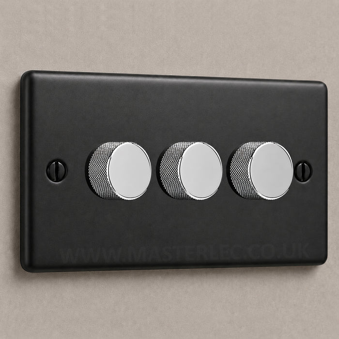 Matt Black 3 Gang Knurled Dimmer Switch with Polished Chrome Dimmer Knob