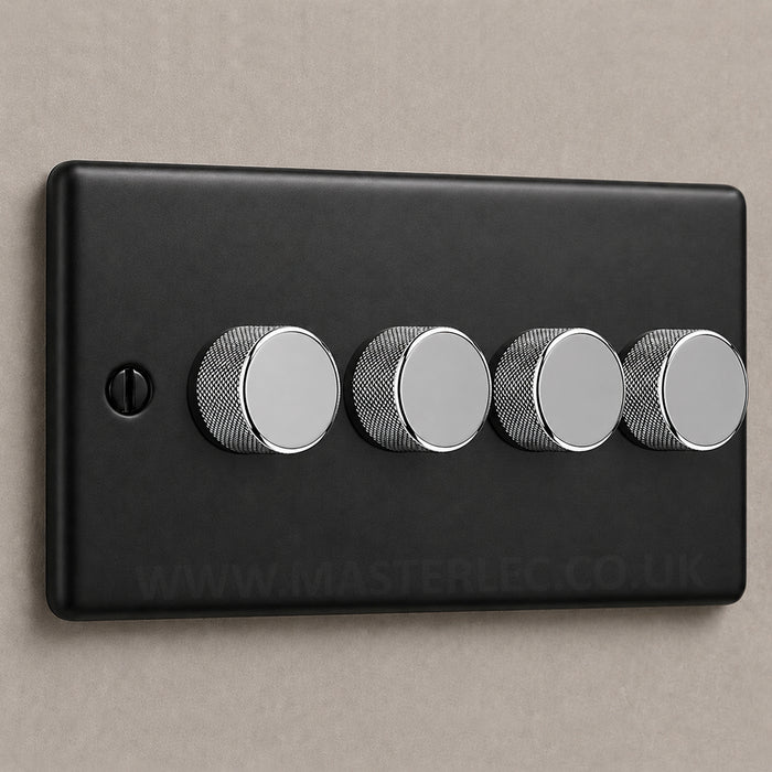 Matt Black 4 Gang Knurled Dimmer Switch with Polished Chrome Dimmer Knob