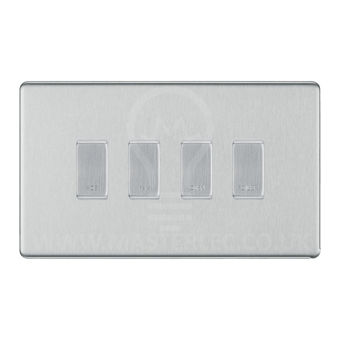 BG Screwless Brushed Steel 4 Gang Engraved Custom Labelled Appliance Grid Switch