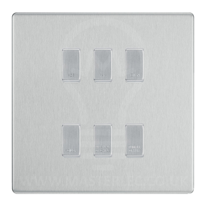 BG Screwless Brushed Steel 6 Gang Engraved Custom Labelled Appliance Grid Switch