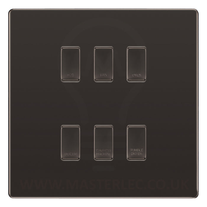 BG Screwless Black Nickel 6 Gang Engraved Custom Labelled Appliance Grid Switch