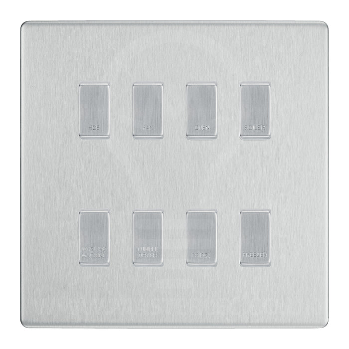 BG Screwless Brushed Steel 8 Gang Engraved Custom Labelled Appliance Grid Switch