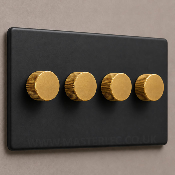 Matt Black Screwless Quad 4 Gang Dimmer Switch with Satin Brass / Antique Gold Knurled Dimmer Knob