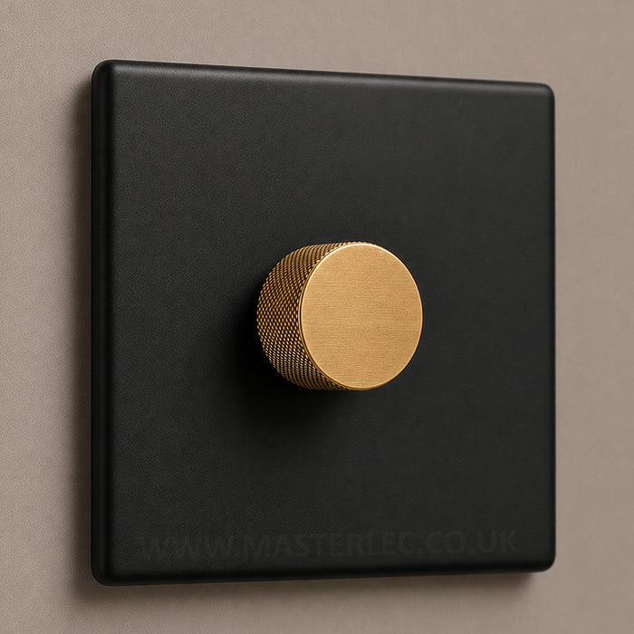 Matt Black Screwless Single 1 Gang Dimmer Switch with Satin Brass / Antique Gold Knurled Dimmer Knob
