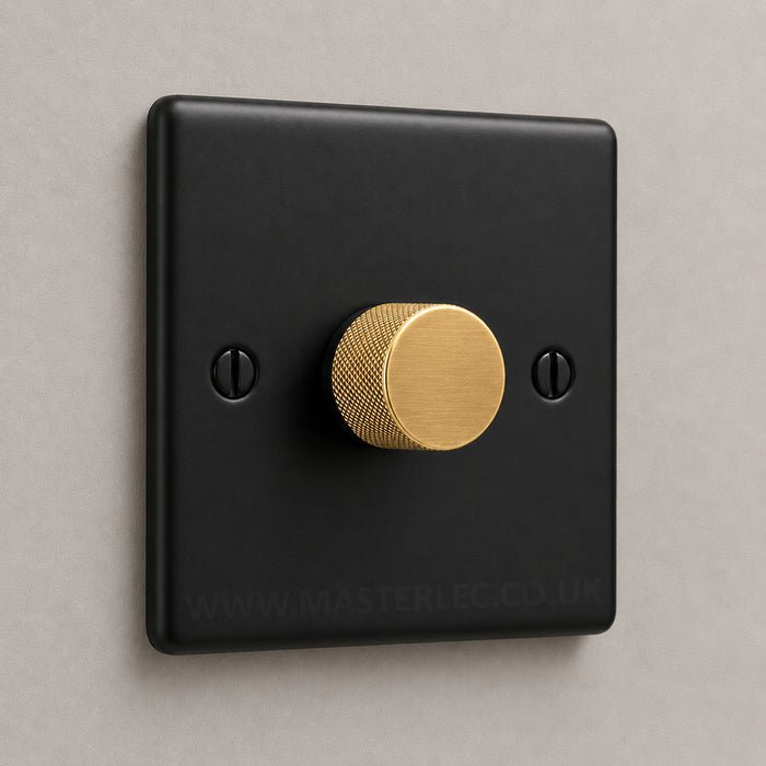Matt Black 1 Gang Knurled Dimmer Switch with Satin Brass / Antique Gold Dimmer Knob