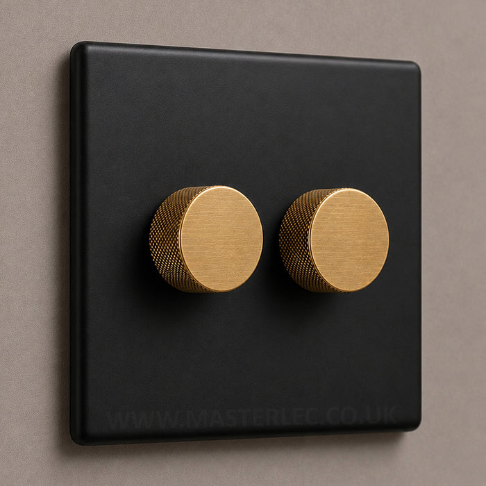 Matt Black Screwless Double 2 Gang Dimmer Switch with Satin Brass / Antique Gold Knurled Dimmer Knob