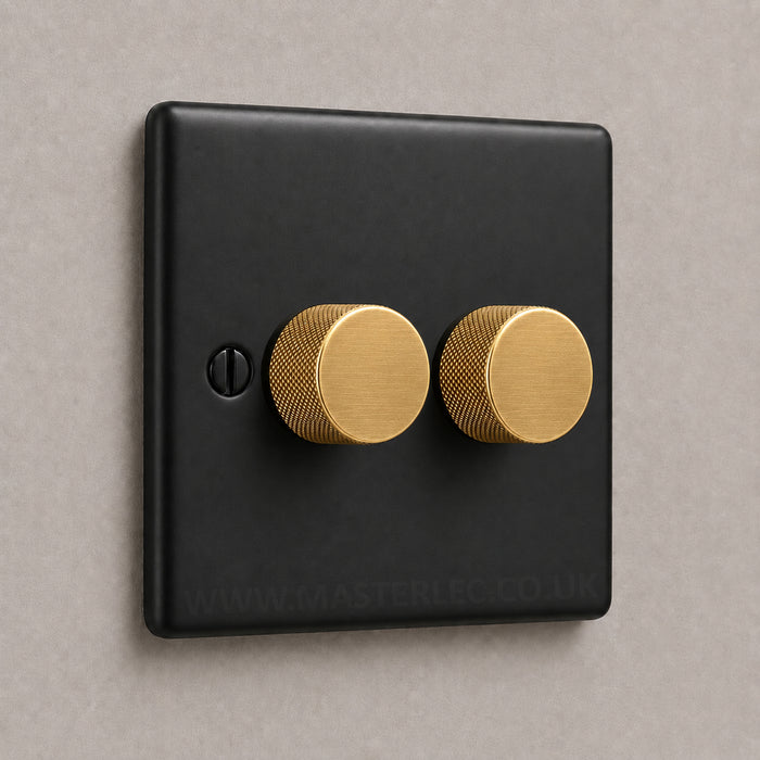 Matt Black 2 Gang Knurled Dimmer Switch with Satin Brass / Antique Gold Dimmer Knob
