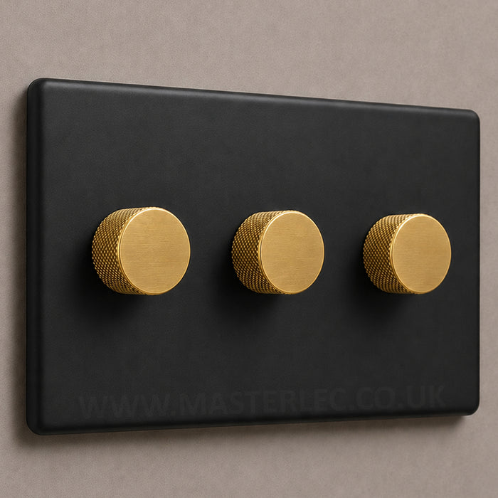 Matt Black Screwless Triple 3 Gang Dimmer Switch with Satin Brass / Antique Gold Knurled Dimmer Knob