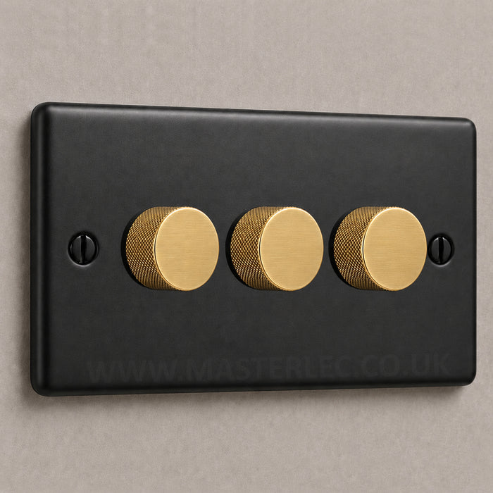 Matt Black 3 Gang Knurled Dimmer Switch with Satin Brass / Antique Gold Dimmer Knob
