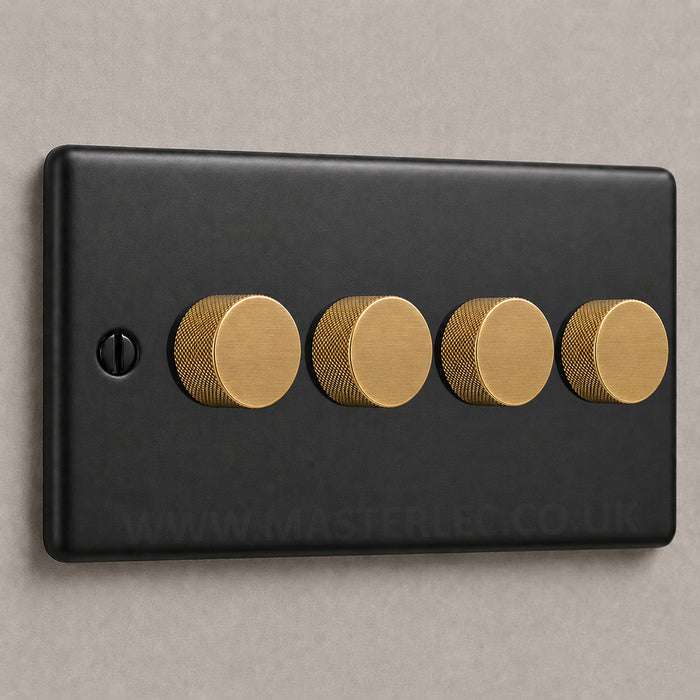 Matt Black 4 Gang Knurled Dimmer Switch with Satin Brass / Antique Gold Dimmer Knob