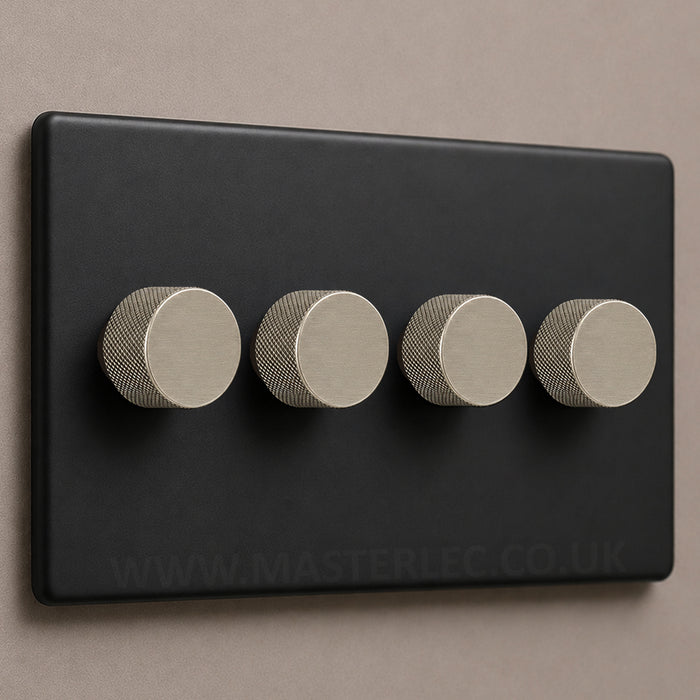 Matt Black Screwless Quad 4 Gang Dimmer Switch with Brushed Steel / Stainless Steel Knurled Dimmer Knob