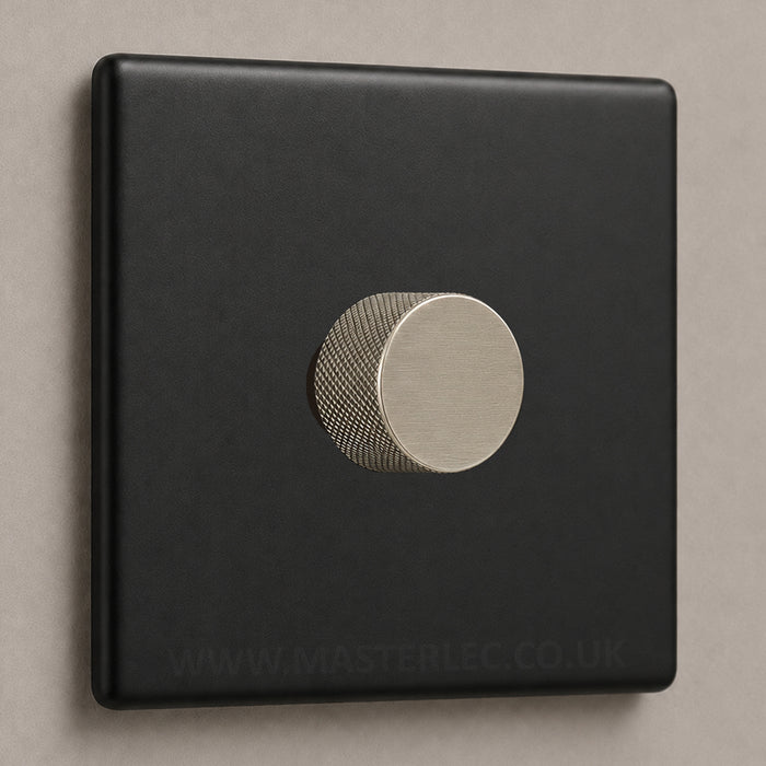 Matt Black Screwless Single 1 Gang Dimmer Switch with Brushed Steel / Stainless Steel Knurled Dimmer Knob