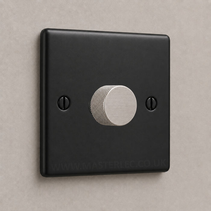 Matt Black 1 Gang Knurled Dimmer Switch with Brushed Steel / Stainless Steel Dimmer Knob
