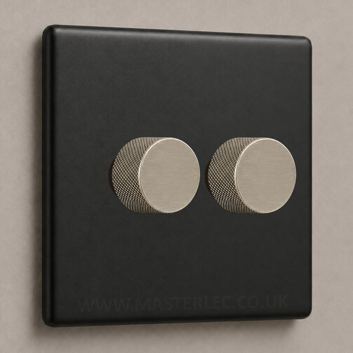Matt Black Screwless Double 2 Gang Dimmer Switch with Brushed Steel / Stainless Steel Knurled Dimmer Knob