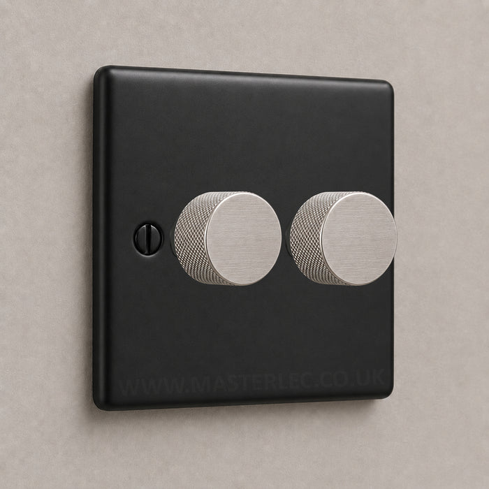 Matt Black 2 Gang Knurled Dimmer Switch with Brushed Steel / Stainless Steel Dimmer Knob