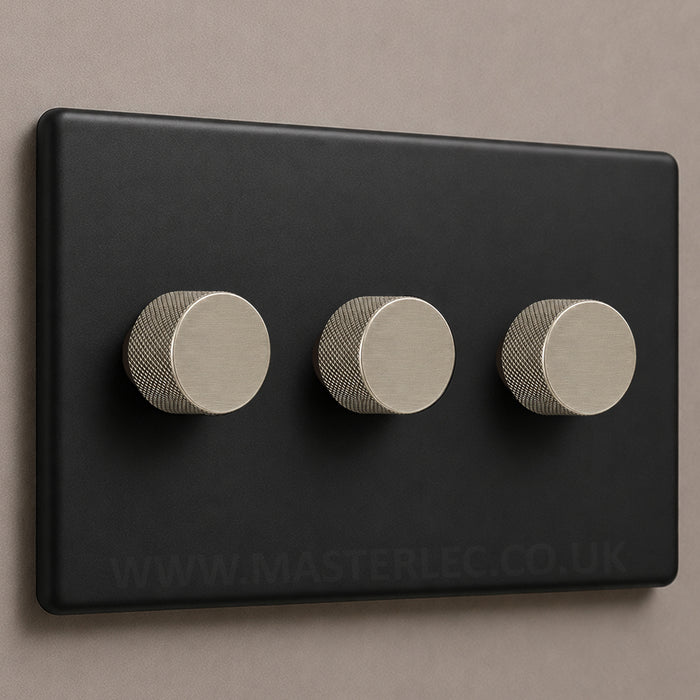 Matt Black Screwless Triple 3 Gang Dimmer Switch with Brushed Steel / Stainless Steel Knurled Dimmer Knob