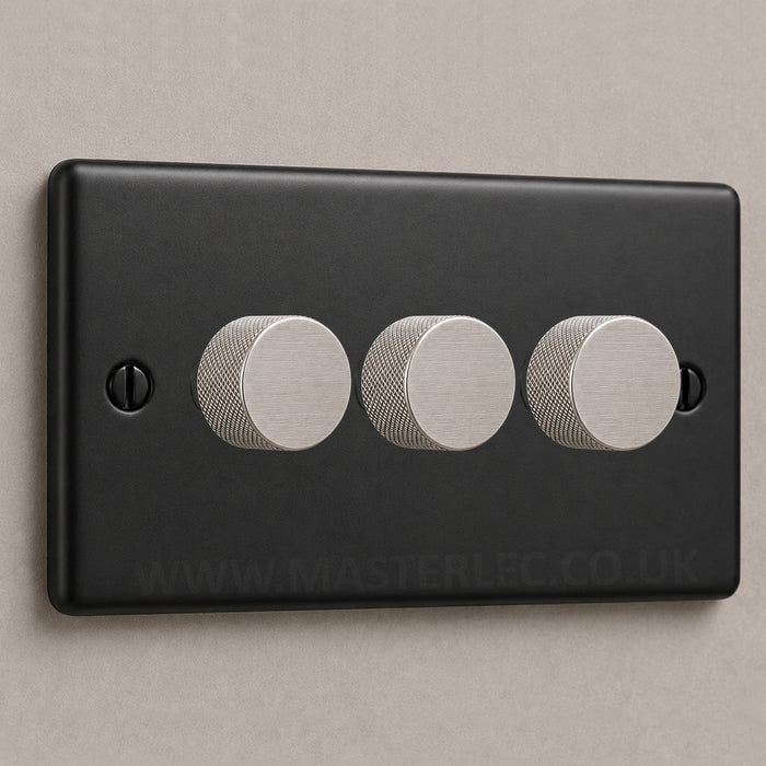 Matt Black 3 Gang Knurled Dimmer Switch with Brushed Steel / Stainless Steel Dimmer Knob