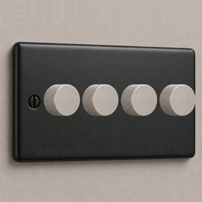 Matt Black 4 Gang Knurled Dimmer Switch with Brushed Steel / Stainless Steel Dimmer Knob