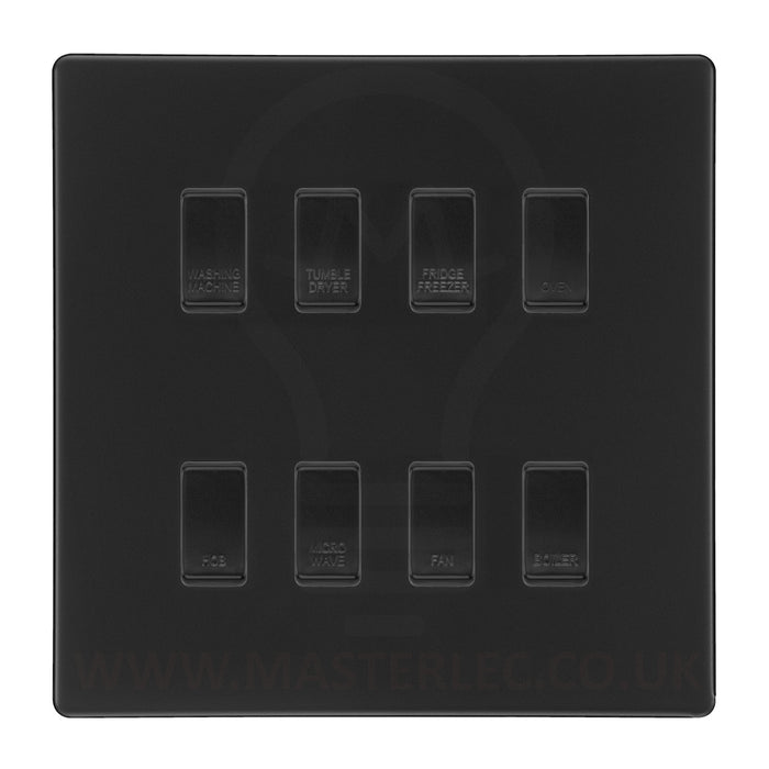 BG Screwless Flatplate Matt Black 8 Gang Engraved Appliance Custom Labelled Grid Switch