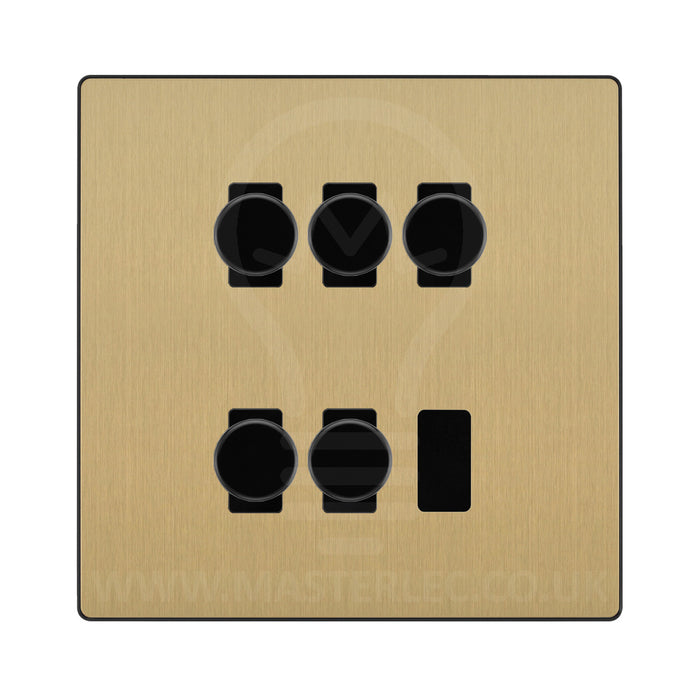 BG Evolve Satin Brass 5 Gang Trailing Edge LED Dimmer Light Switch 2 Way Custom Switch