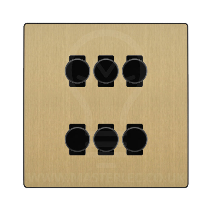 BG Evolve Satin Brass 6 Gang Trailing Edge LED Dimmer Light Switch 2 Way Custom Switch