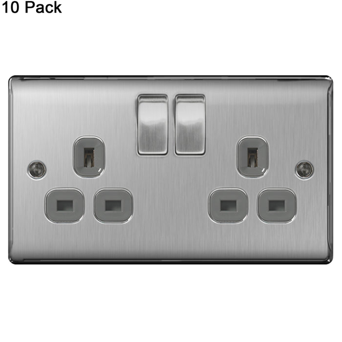 BG Nexus Brushed Steel (Pack of 10) Double Socket NBS22G Grey Inserts 13 Amp