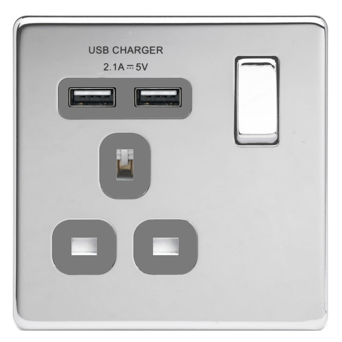 BG Nexus Screwless Flat Plate Polished Chrome Single Socket with USB Ports FPC21U2G Grey Inserts 13 Amp