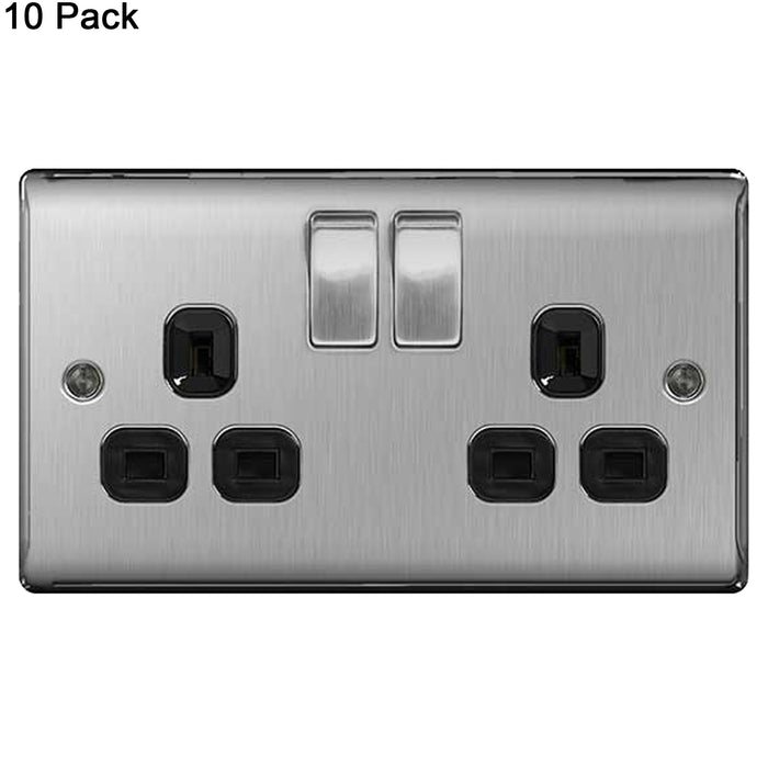 BG Nexus Brushed Steel (Pack of 10) Double Socket NBS22B Black Inserts 13 Amp