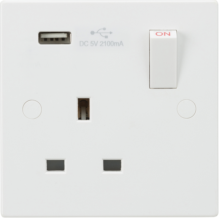 ML Accessories White Square Edge 13A 1G Switched Single Socket with USB