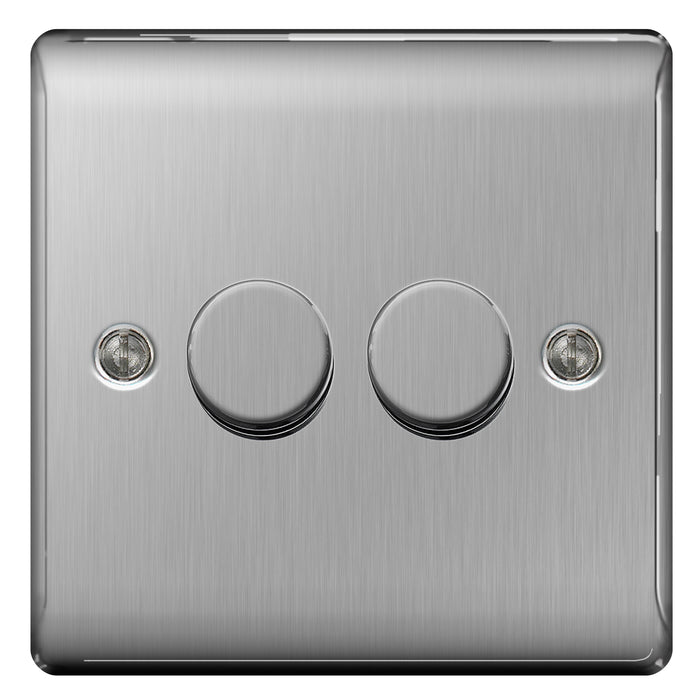 BG NBS82 Brushed Steel Trailing Edge Double Dimmer Switch 2 Gang 2 Way LED