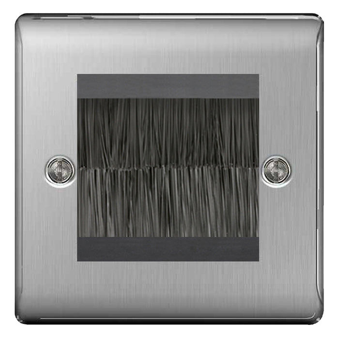 BG Brushed Steel Satin Single 2 Gang Brush Cable Entry Wall Plate Black Insert Square