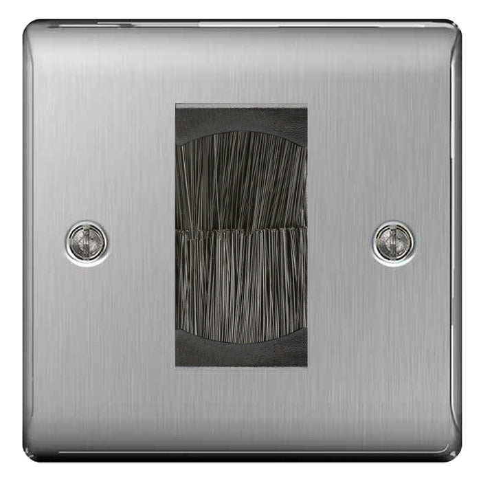 BG Brushed Steel Satin Single 1 Gang Brush Cable Entry Wall Plate Black Insert Square