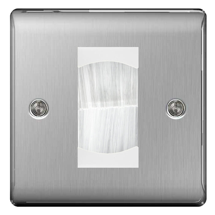 BG Brushed Steel Satin Single 1 Gang Brush Cable Entry Wall Plate White Insert Square