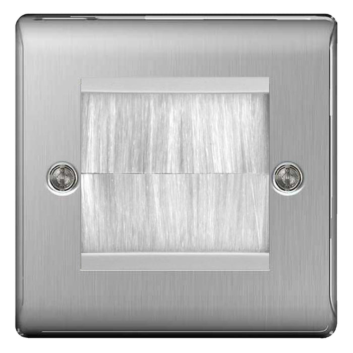BG Brushed Steel Satin Single 2 Gang Brush Cable Entry Wall Plate White Insert Square
