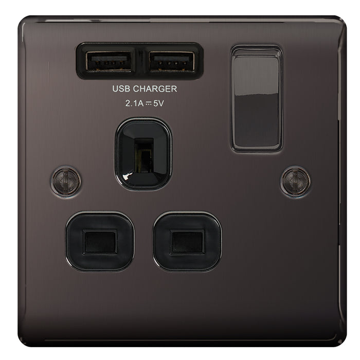 BG Nexus Metal Black Nickel Single Socket with USB Ports NBN21U2B Black Inserts 13 Amp