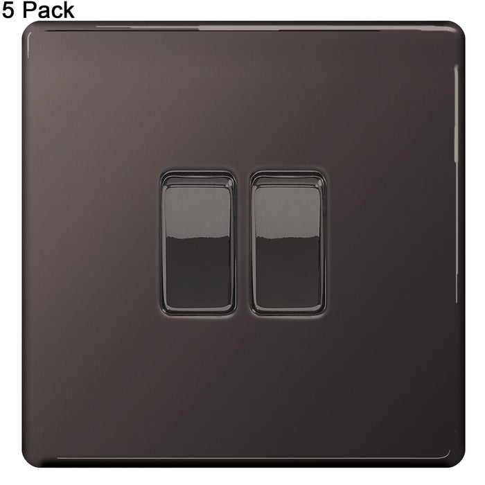 BG Nexus Screwless Flat Plate Black Nickel (Pack of 5) Double Light Switch FBN42 10Amp