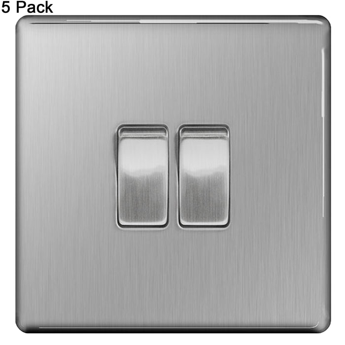 BG Nexus Screwless Flat Plate Brushed Steel (Pack of 5) Double Light Switch FBS42 10Amp