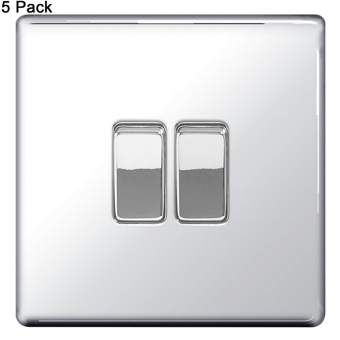 BG Nexus Screwless Flat Plate Polished Chrome (Pack of 5) Double Light Switch FPC42 10 Amp