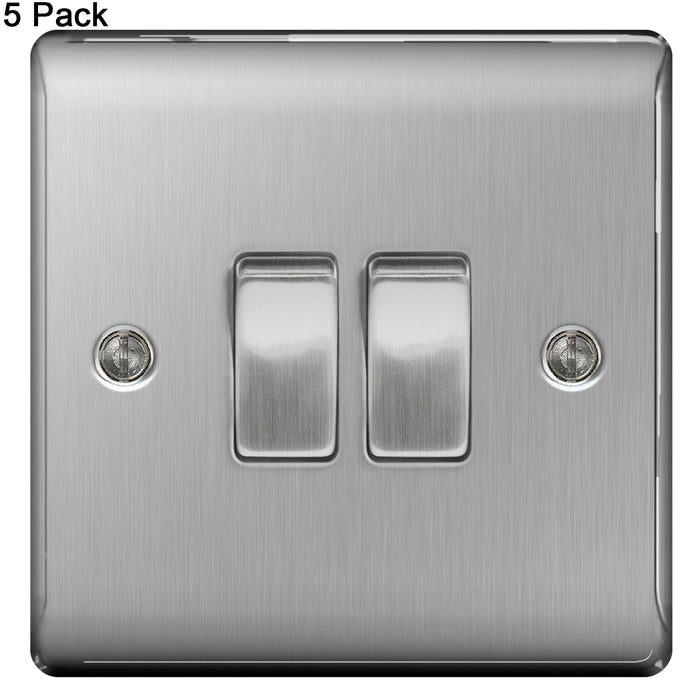 BG Nexus Brushed Steel (Pack of 5) Double Light Switch NBS42 10 Amp