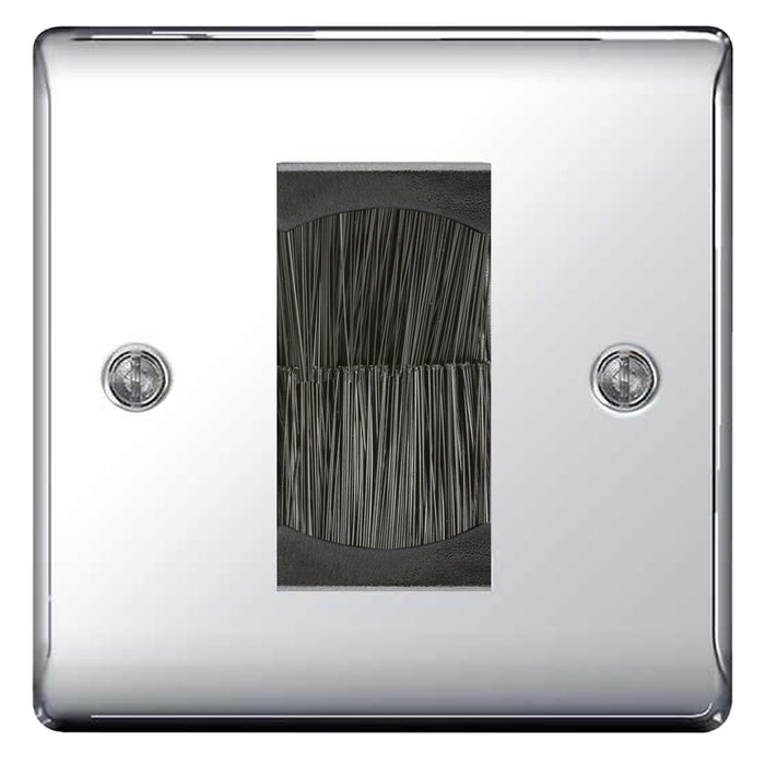BG Polished Chrome Single 1 Gang Brush Cable Entry Wall Plate Black Insert Square