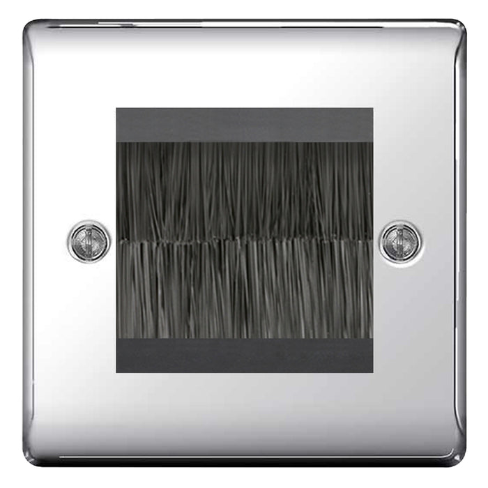 BG Polished Chrome Single 2 Gang Brush Cable Entry Wall Plate Black Insert Square