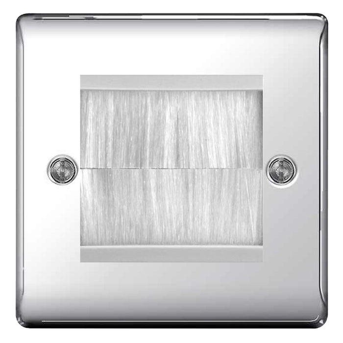 BG Polished Chrome Single 2 Gang Brush Cable Entry Wall Plate White Insert Square