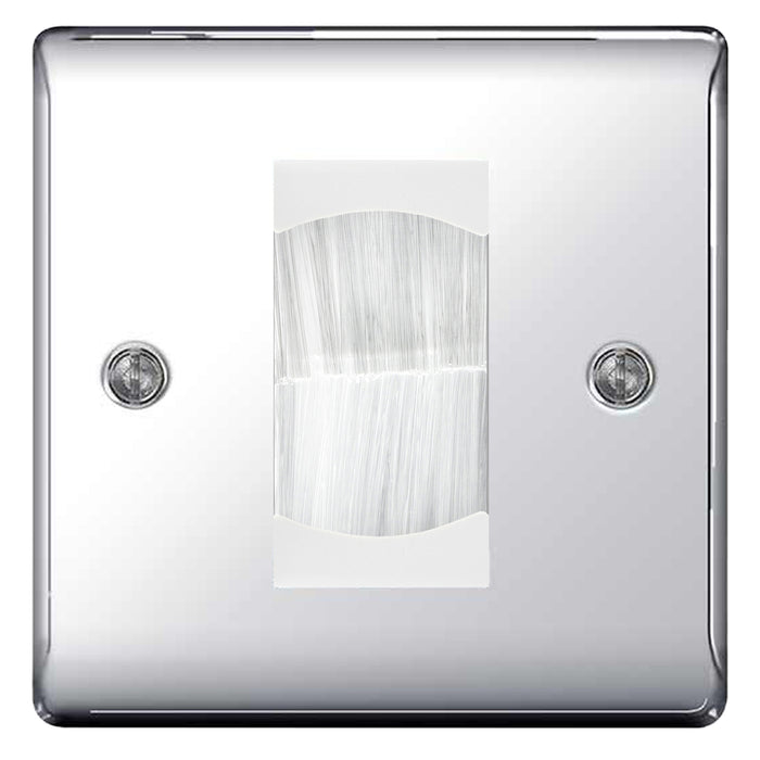 BG Polished Chrome Single 1 Gang Brush Cable Entry Wall Plate White Insert Square