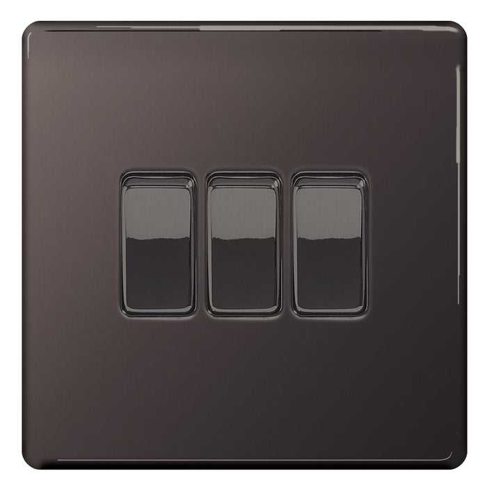 BG Nexus Screwless Flat Plate Black Nickel Triple Light Switch FBN43 10Amp