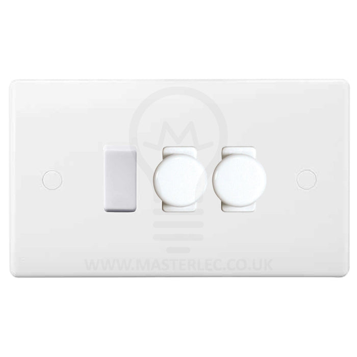 BG White 3 Gang Light Switch 2x Trailing Edge LED Dimmer 1x 2 Way Custom Switch