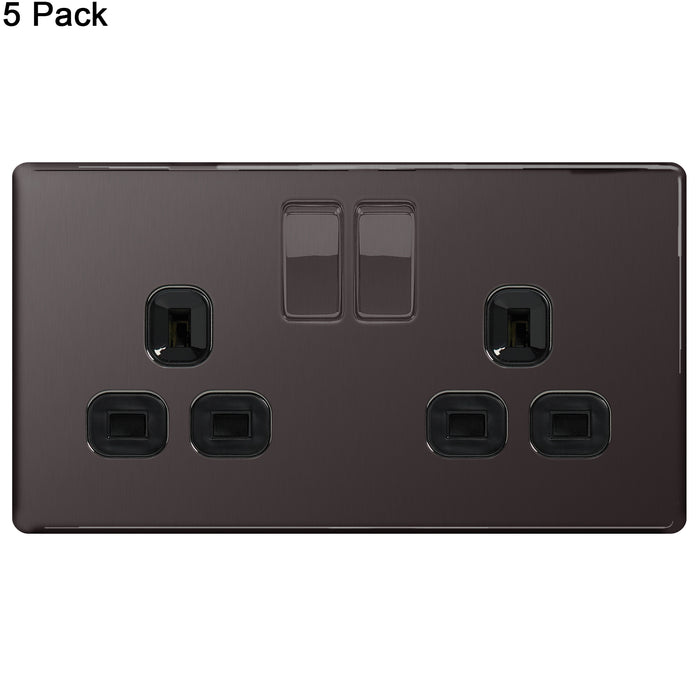 BG Nexus Screwless Flat Plate Black Nickel (Pack of 5) Double Socket FBN22B Black Inserts 13Amp