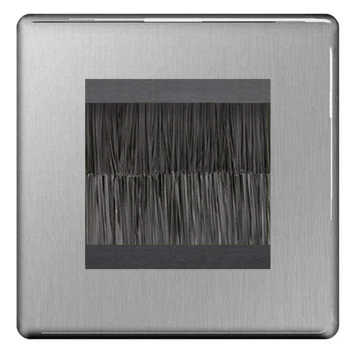 BG Screwless Brushed Steel Single 2 Gang Brush Cable Entry Wall Plate Black Insert Square