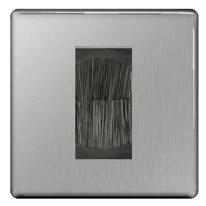 BG Screwless Brushed Steel Single 1 Gang Brush Cable Entry Wall Plate Black Insert Square